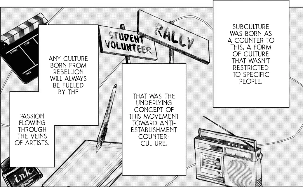 Cropped panel from 'Even the Introverted Gals Wanna Get Out There!' about the basis of subculture.